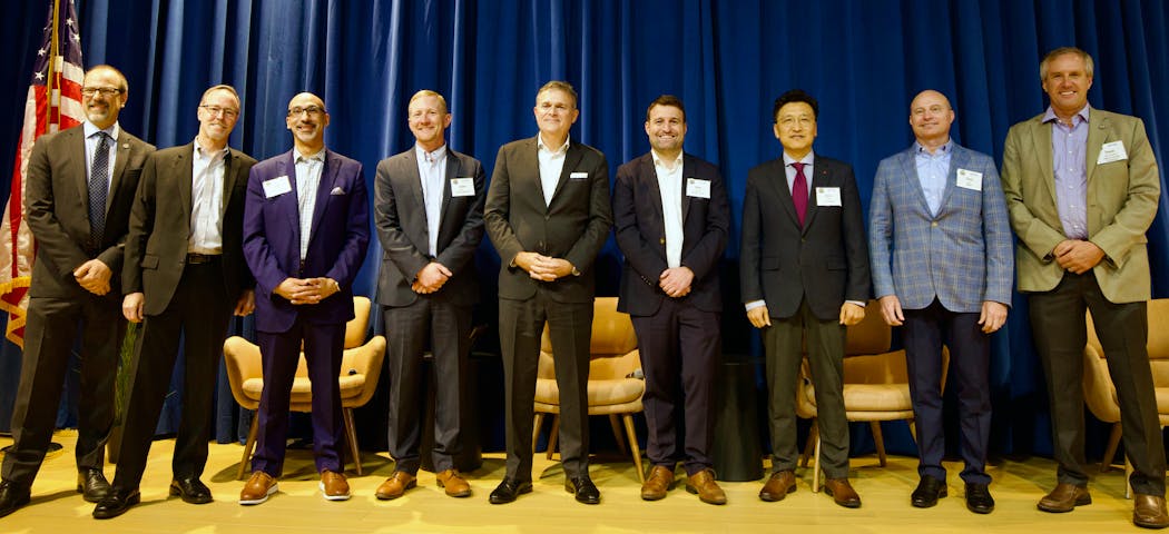 HVAC manufacturing executives that have signed on to the California heat pump initiative are, from left to right: CEC Commissioner Andrew McAllister; John J. Hurst (Lennox); Joshua C. Greene (A. O. Smith); Jason Thomas (Carrier); David Calabrese (Daikin); Mark Lessans (Johnson Controls); Chris Ahn (LG Electronics); Chris Day (Rheem); CEC Chair David Hochschild.