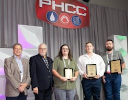 PHCC HVAC Apprentice Contest Winners. From right: first place, Jacob Lee of P1 Service, Lenexa, Kansas, sponsored by RIDGID. Second place: AJ Posivak of Deluxe Plumbing & Heating, Bethlehem, Pennsylvania, sponsored by Milwaukee Tool. Third place: Raulie Rojas of Midwestern Mechanical, Rapid City, South Dakota, sponsored by RIDGID. PHCC HVAC Apprentice Contest Winners. From right: first place, Jacob Lee of P1 Service, Lenexa, Kansas, sponsored by RIDGID. Second place: AJ Posivak of Deluxe Plumbing & Heating, Bethlehem, Pennsylvania, sponsored by Milwaukee Tool. Third place: Raulie Rojas of Midwestern Mechanical, Rapid City, South Dakota, sponsored by RIDGID.