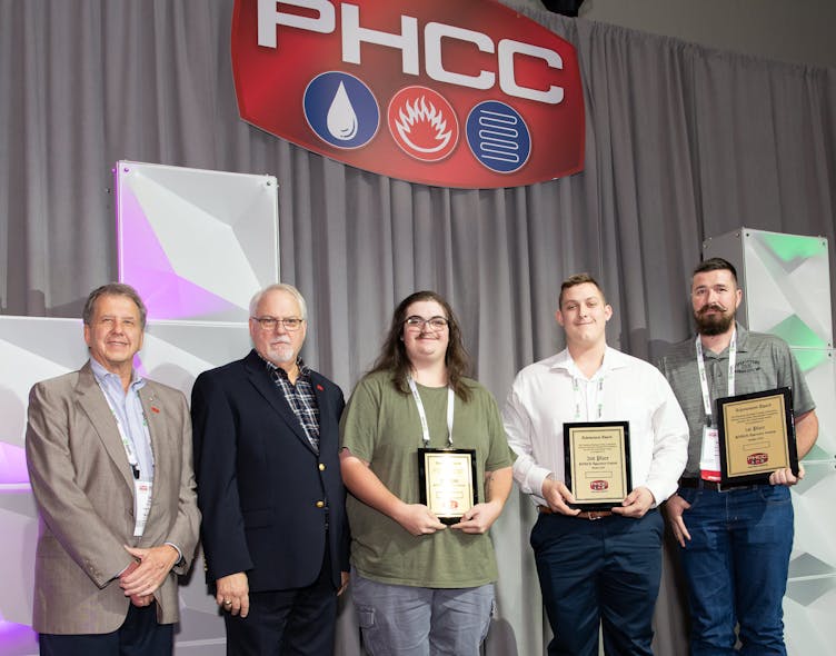 PHCC HVAC Apprentice Contest Winners. From right: first place, Jacob Lee of P1 Service, Lenexa, Kansas, sponsored by RIDGID. Second place: AJ Posivak of Deluxe Plumbing &amp; Heating, Bethlehem, Pennsylvania, sponsored by Milwaukee Tool. Third place: Raulie Rojas of Midwestern Mechanical, Rapid City, South Dakota, sponsored by RIDGID.