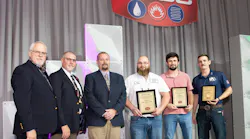 PHCC Plumbing Apprentice winners. From right: First Place: Cody McDonald of Van Contracting, Inc. in Columbia City, Indiana, sponsored by the International Code Council. Second place: Nick Vasknetz of Local 525 in Las Vegas, Nevada, sponsored by Home Depot Pro; and Joseph Hardin of Local 333 in Lansing, Michigan, sponsored by Bradford White.