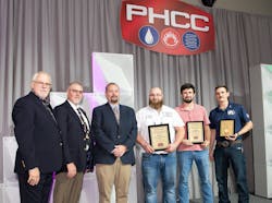 PHCC Plumbing Apprentice winners. From right: First Place: Cody McDonald of Van Contracting, Inc. in Columbia City, Indiana, sponsored by the International Code Council. Second place: Nick Vasknetz of Local 525 in Las Vegas, Nevada, sponsored by Home Depot Pro; and Joseph Hardin of Local 333 in Lansing, Michigan, sponsored by Bradford White. PHCC Plumbing Apprentice winners. From right: First Place: Cody McDonald of Van Contracting, Inc. in Columbia City, Indiana, sponsored by the International Code Council. Second place: Nick Vasknetz of Local 525 in Las Vegas, Nevada, sponsored by Home Depot Pro; and Joseph Hardin of Local 333 in Lansing, Michigan, sponsored by Bradford White.