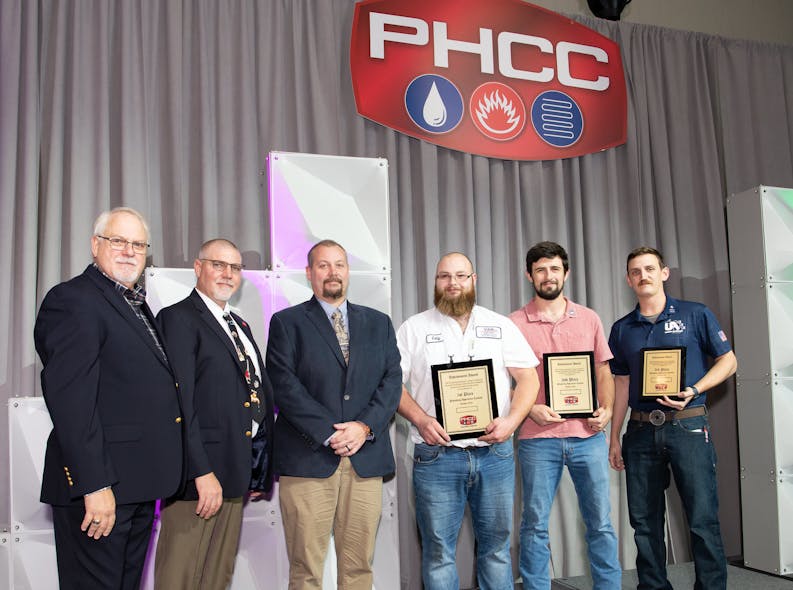 PHCC Plumbing Apprentice winners. From right: First Place: Cody McDonald of Van Contracting, Inc. in Columbia City, Indiana, sponsored by the International Code Council. Second place: Nick Vasknetz of Local 525 in Las Vegas, Nevada, sponsored by Home Depot Pro; and Joseph Hardin of Local 333 in Lansing, Michigan, sponsored by Bradford White.
