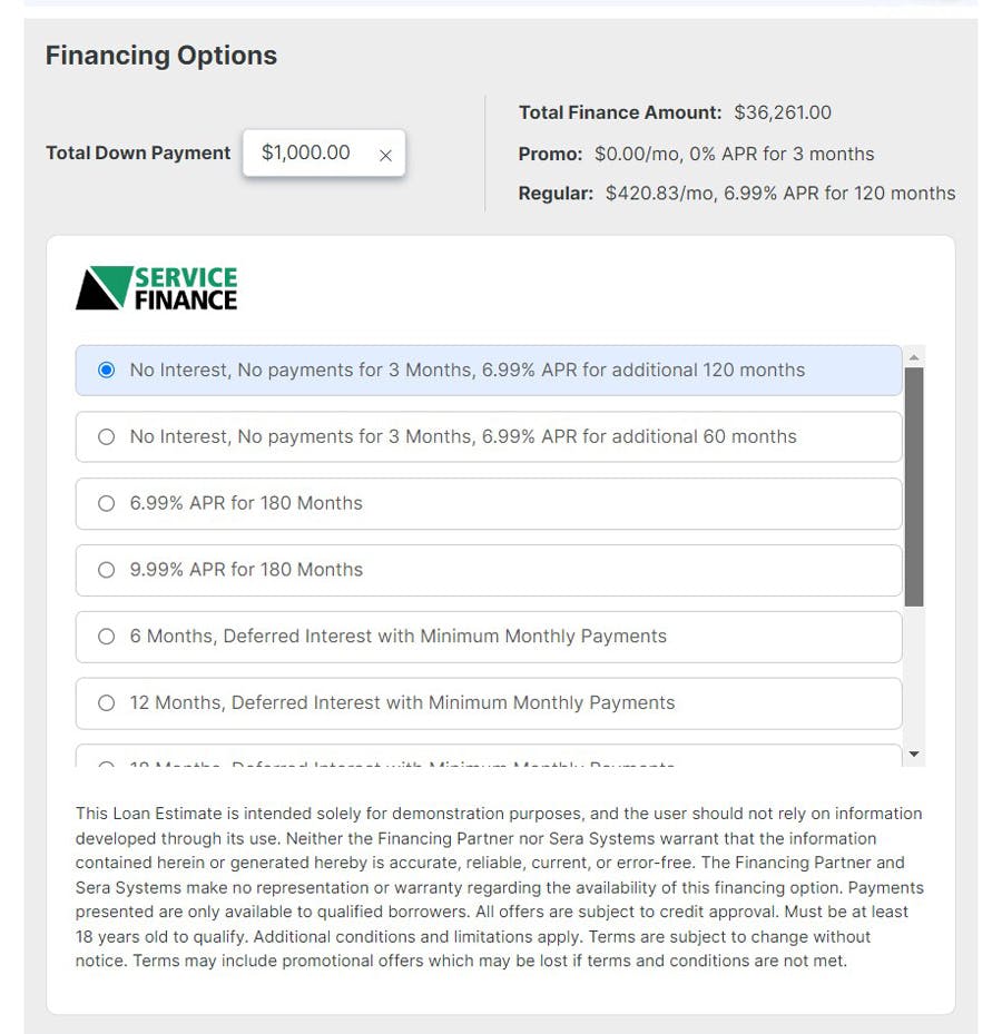 Photo shows how the Service Finance information is displayed in the Sera app screen.