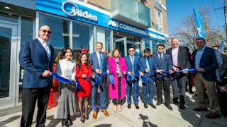 Midea held a ribbon-cutting ceremony for the opening of its first U.S. showroom and distribution center in Queens, NY, on Saturday, Feb. 24, 2024. The innovative space will make heat pumps more accessible for consumers and professionals alike, demonstrating Midea&rsquo;s commitment to equitably integrating advanced heat pump technology into homes across North America. Pictured left to right: David Rames, Midea; Shannon Liu, Midea; Dr. Wenqing Zhang, Ai-Midea; Phil Huang, Midea; U.S. Congresswoman Grace Meng; Kenny Liu, Ai-Midea; Denis Liu, Midea; Victor Xu, Ai-Midea; Chris Corcoran, Assistant Director, New York State Energy and Resource Development Authority; Eric Hervol, Midea.