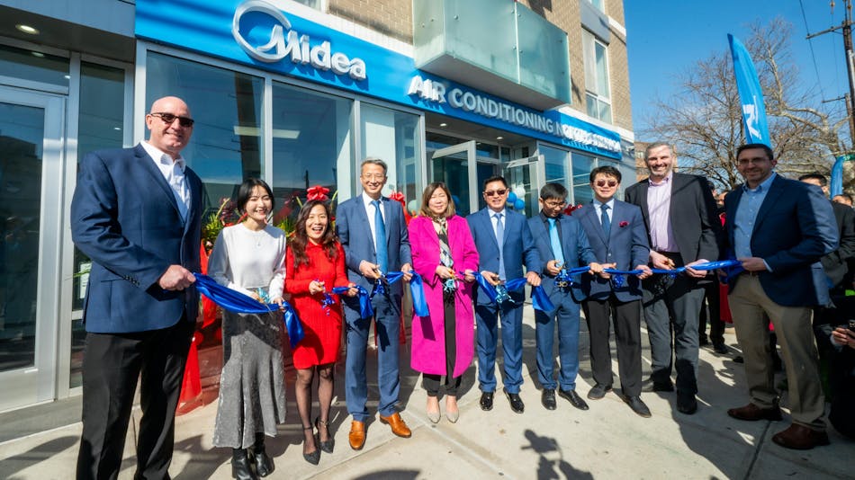 Midea held a ribbon-cutting ceremony for the opening of its first U.S. showroom and distribution center in Queens, NY, on Saturday, Feb. 24, 2024. The innovative space will make heat pumps more accessible for consumers and professionals alike, demonstrating Midea&rsquo;s commitment to equitably integrating advanced heat pump technology into homes across North America. Pictured left to right: David Rames, Midea; Shannon Liu, Midea; Dr. Wenqing Zhang, Ai-Midea; Phil Huang, Midea; U.S. Congresswoman Grace Meng; Kenny Liu, Ai-Midea; Denis Liu, Midea; Victor Xu, Ai-Midea; Chris Corcoran, Assistant Director, New York State Energy and Resource Development Authority; Eric Hervol, Midea.