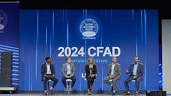 Braden Cook, right, Director, Product Management & Training, Residential HVAC, speaks with panelists during the Carrier national meeting. Braden Cook, right, Director, Product Management & Training, Residential HVAC, speaks with panelists during the Carrier national meeting.