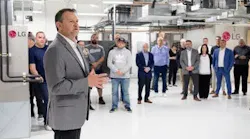 Steve Scarbrough, Senior Vice President, Air Conditioning Technologies for LG Electronics, USA, speaks to guests during the opening of the newest LG Academy in Boston, MA.