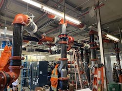 New piping needed to be precisely routed around existing equipment and other MEP systems at Roybal Comprehensive Health Center. SCFS and Victaulic created 3D models of the space and determined pipe layout using BIM software to enhance accuracy and mitigate risk. (Source: Victaulic) New piping needed to be precisely routed around existing equipment and other MEP systems at Roybal Comprehensive Health Center. SCFS and Victaulic created 3D models of the space and determined pipe layout using BIM software to enhance accuracy and mitigate risk. (Source: Victaulic)