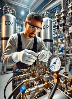 Refrigeration technician works on a carbon dioxide system. Refrigeration technician works on a carbon dioxide system.