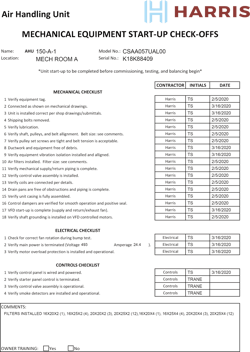 A HARRIS check list used during a mechanical equipment start-up. A HARRIS check list used during a mechanical equipment start-up.