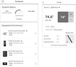 CLICK TO MAGNIFY. First of three images showing displays for the Trane Technician App. These are from Eric Weiss's phone and the heat pump system at his home. He captured screen images from the kitchen table, approximately 25 feet from the closest part of the AC system. Connectivity is through BLE. The left image shows the summary of equipment (serial numbers hidden). The right image shows one of the zones with the zone damper at 34% position to maintain comfort. CLICK TO MAGNIFY. First of three images showing displays for the Trane Technician App. These are from Eric Weiss's phone and the heat pump system at his home. He captured screen images from the kitchen table, approximately 25 feet from the closest part of the AC system. Connectivity is through BLE. The left image shows the summary of equipment (serial numbers hidden). The right image shows one of the zones with the zone damper at 34% position to maintain comfort.