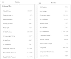CLICK TO MAGNIFY. The monitor menu in the Trane Technician App provides details on system performance, similar to what a technician would document on a service ticket. The left image is from the air handler performance. The right image is of the outdoor unit performance. The monitor menus provide additional data points, CLICK TO MAGNIFY. The monitor menu in the Trane Technician App provides details on system performance, similar to what a technician would document on a service ticket. The left image is from the air handler performance. The right image is of the outdoor unit performance. The monitor menus provide additional data points,