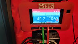 A TEC DG-1000 manometer showing my building leakage after air sealing. A TEC DG-1000 manometer showing my building leakage after air sealing.