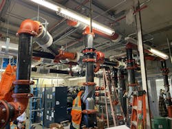 Victaulic’s VDC team coordinated early deliveries of all grooved products — headers, pump drops, couplings, fittings and valves — to SCFS’s fabrication shop. Each delivery included corresponding shop drawings and a full bill of materials, allowing the shop to cut and prepare pipe to length as quickly as possible and minimize rework in the field. Victaulic’s VDC team coordinated early deliveries of all grooved products — headers, pump drops, couplings, fittings and valves — to SCFS’s fabrication shop. Each delivery included corresponding shop drawings and a full bill of materials, allowing the shop to cut and prepare pipe to length as quickly as possible and minimize rework in the field.