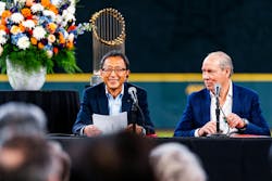 Satoru Akama, left, President and Chief Executive Officer, Daikin Comfort Technologies North America, Inc., and Jim Crane, Owner and Chairman, Houston Astros, announce new stadium naming rights partnership on the infield of Daikin Park, Houston. Satoru Akama, left, President and Chief Executive Officer, Daikin Comfort Technologies North America, Inc., and Jim Crane, Owner and Chairman, Houston Astros, announce new stadium naming rights partnership on the infield of Daikin Park, Houston.