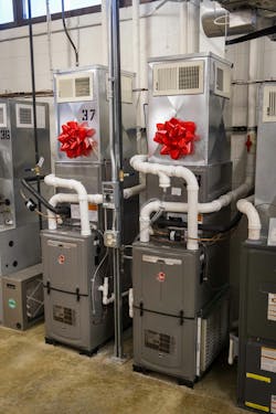 The six donated Rheem units are heat pumps, coupled with high efficiency gas-filled furnaces, ensuring students are learning on the newest electrification technology available. The six donated Rheem units are heat pumps, coupled with high efficiency gas-filled furnaces, ensuring students are learning on the newest electrification technology available.