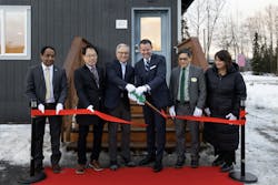 Steve Scarbrough, LG Senior Vice President and General Manager of Air Conditioning Technologies for LG Electronics (third from right) joins with others to cut the ribbon on the LG/UAA joint cold climate heat pump laboratory partnership. Steve Scarbrough, LG Senior Vice President and General Manager of Air Conditioning Technologies for LG Electronics (third from right) joins with others to cut the ribbon on the LG/UAA joint cold climate heat pump laboratory partnership.