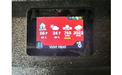 A CERV2 control, displaying indoor and outdoor relative humidity, CO2, and VOCs. A CERV2 control, displaying indoor and outdoor relative humidity, CO2, and VOCs.