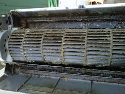 Dust more readily adheres to fan wheels because they’re on the cool side of the system. Dust more readily adheres to fan wheels because they’re on the cool side of the system.