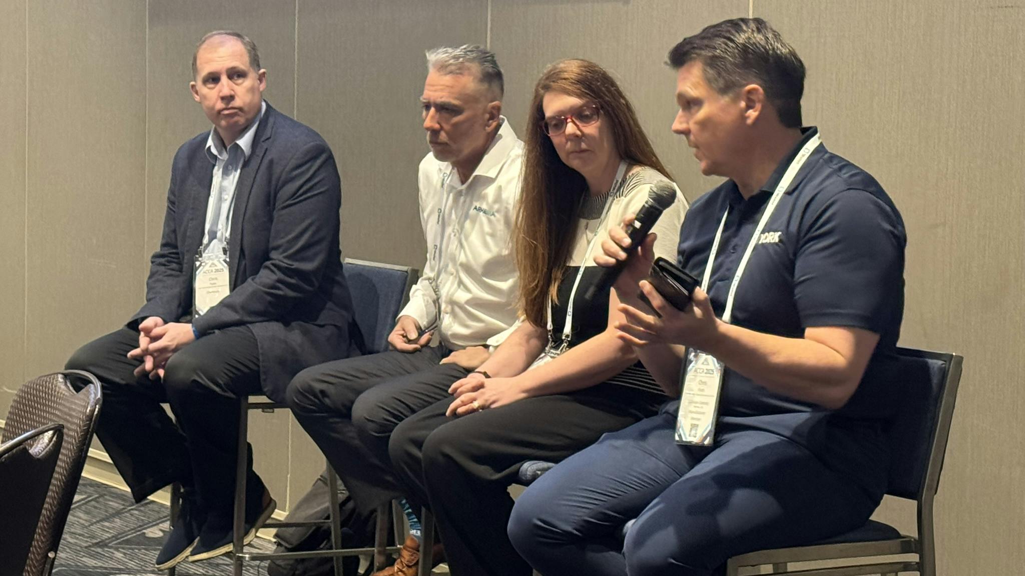 ACCA hosted a live Codes and Coffee webinar breakout session at ACCA 2025 in Greater Austin Texas to discuss the EPA HFC phasedown and the market for A2L products. The panel included: (from left to right) Christian Pyles, TSS Americas Region &mdash; marketing leader for Chemours; John Maiorana, product support manager, Arkema/Forane; Kate Houghton, senior vice president of sales and marketing, Hudson Technologies; and Chris Forth, vice president of regulatory, codes and environmental affairs, Ducted Systems Division, Johnson Controls.