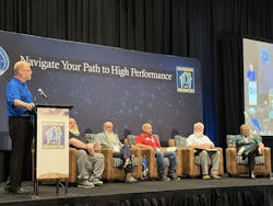 David Richardson moderates a panel discussion about overcoming challenges related to HVAC system redesign. Panelists included (from left to right): Alex Meaney, Mean HVAC Consulting & Design; Ed Janowiak, HVAC Design Eduation at ACCA; Brian Wright, Crossway Mechanical; Paul Wieboldt, Tradewinds Appropriate Technologies; and Dawn Mroczak, GV's Heating & Cooling. David Richardson moderates a panel discussion about overcoming challenges related to HVAC system redesign. Panelists included (from left to right): Alex Meaney, Mean HVAC Consulting & Design; Ed Janowiak, HVAC Design Eduation at ACCA; Brian Wright, Crossway Mechanical; Paul Wieboldt, Tradewinds Appropriate Technologies; and Dawn Mroczak, GV's Heating & Cooling.