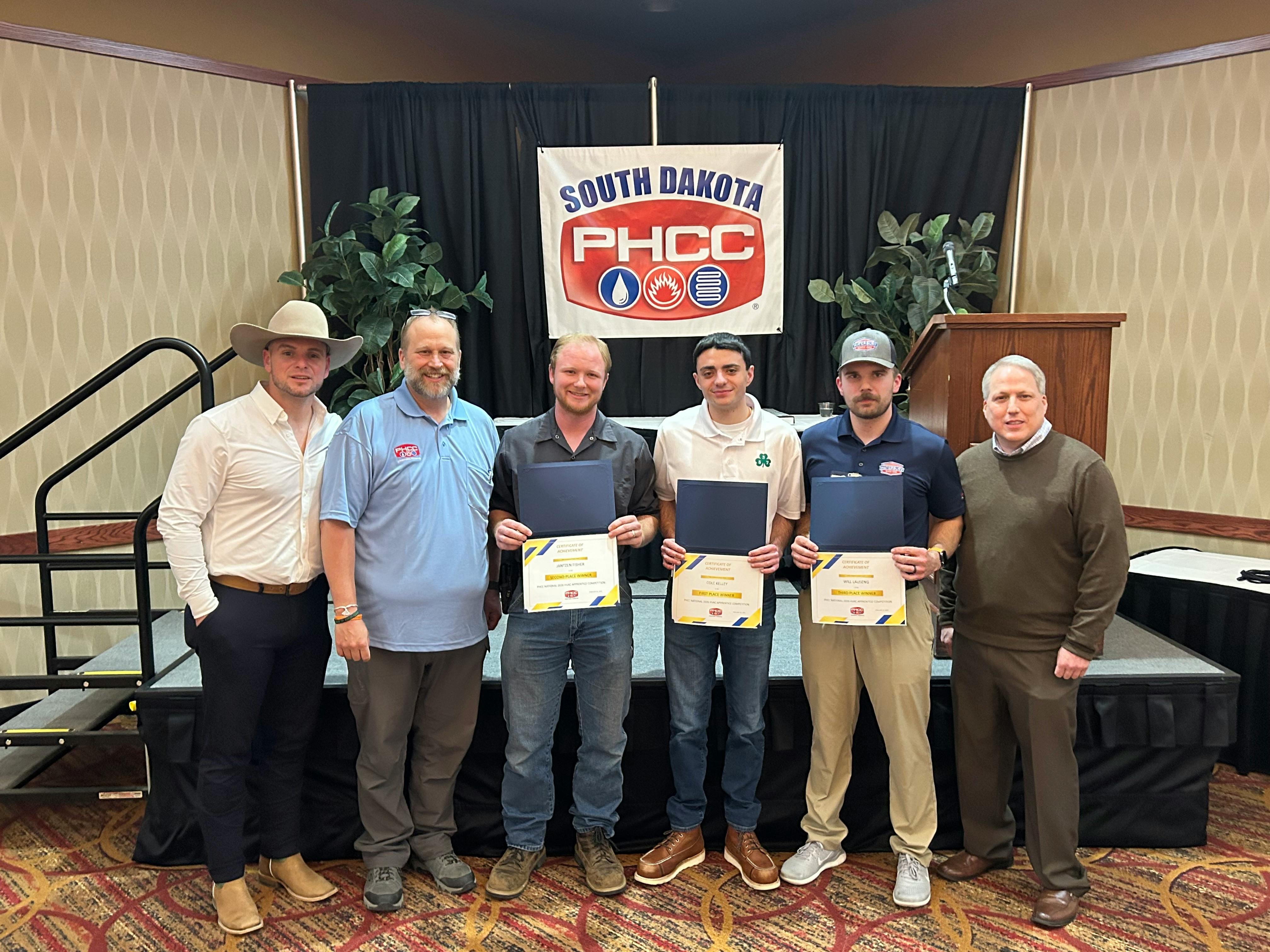 This year&rsquo;s HVAC contest winners included: First Place &ndash; Cole Kelley, Pipefitters Local 537 Boston, Boston, Masachusetts (middle); Second Place &ndash; Jantzen Fisher, Midwestern Mechanical, Rapid City, South Dakota (left); and Third Place &ndash; Will Lauseng, Waterbury Heating & Cooling, Sioux Falls, South Dakota (right).