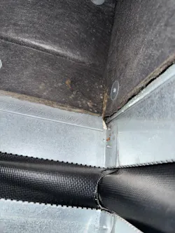 Mildew in the fiberglass insulation. Mildew in the fiberglass insulation.