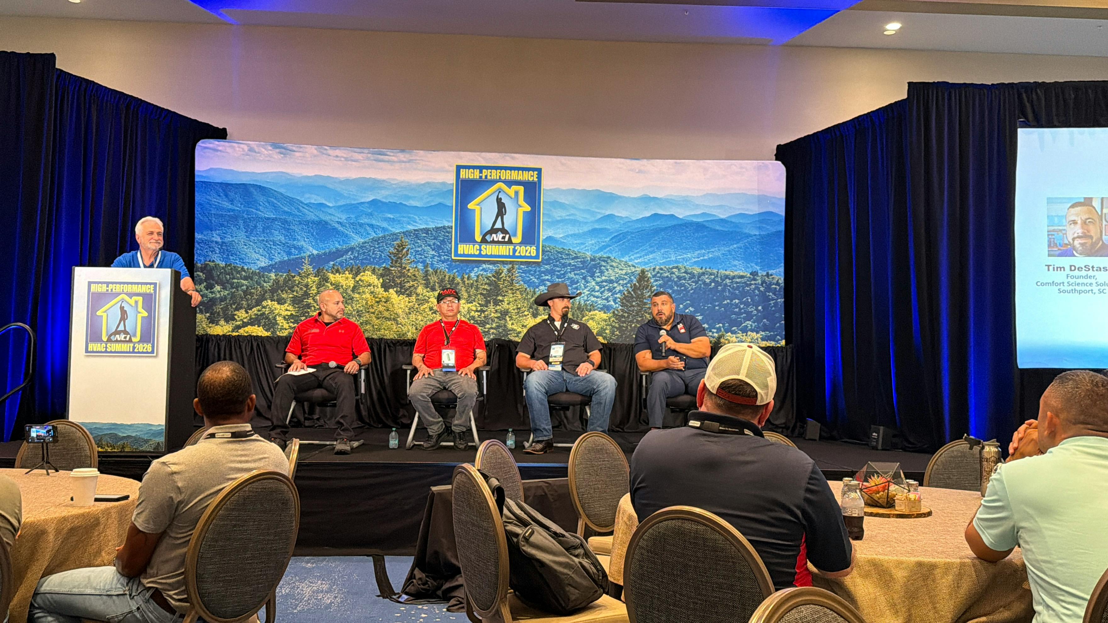 NCI President &amp; CEO Dominick Guarino (far left) leads a panel discussion on HVAC and home performance during the 2026 Summit conference. Panelists From Left to Right: Brian Wright, owner of Crossway Mechanical LLC; Jonathan Esquivel, owner of Austin Star Services LLC; Terry McWilliams, owner and founder of Texcellent A/C Service; and Tim De Stasio of Comfort Science Solutions.