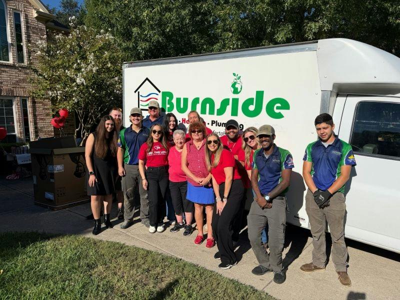 Feel the Love recipient with staff from Burnside Air Conditioning, Heating, and Plumbing, in McKinney, Texas.